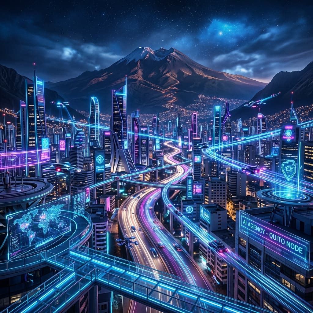 Futuristic view of Quito showcasing AI navigation and speed