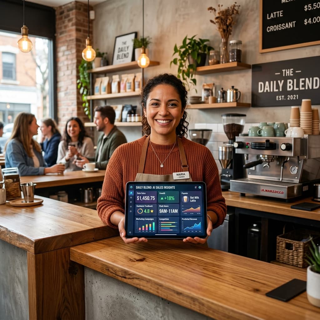 Dueño de negocio local usando una tablet con dashboard moderno